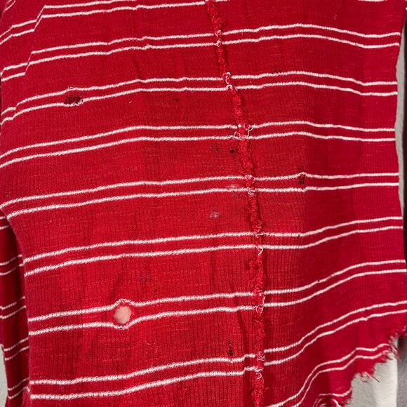 Free People Medium Scoop Neck Tee Red Stripe Linen Blend Frayed Hem Long Sleeves - Picture 12 of 12